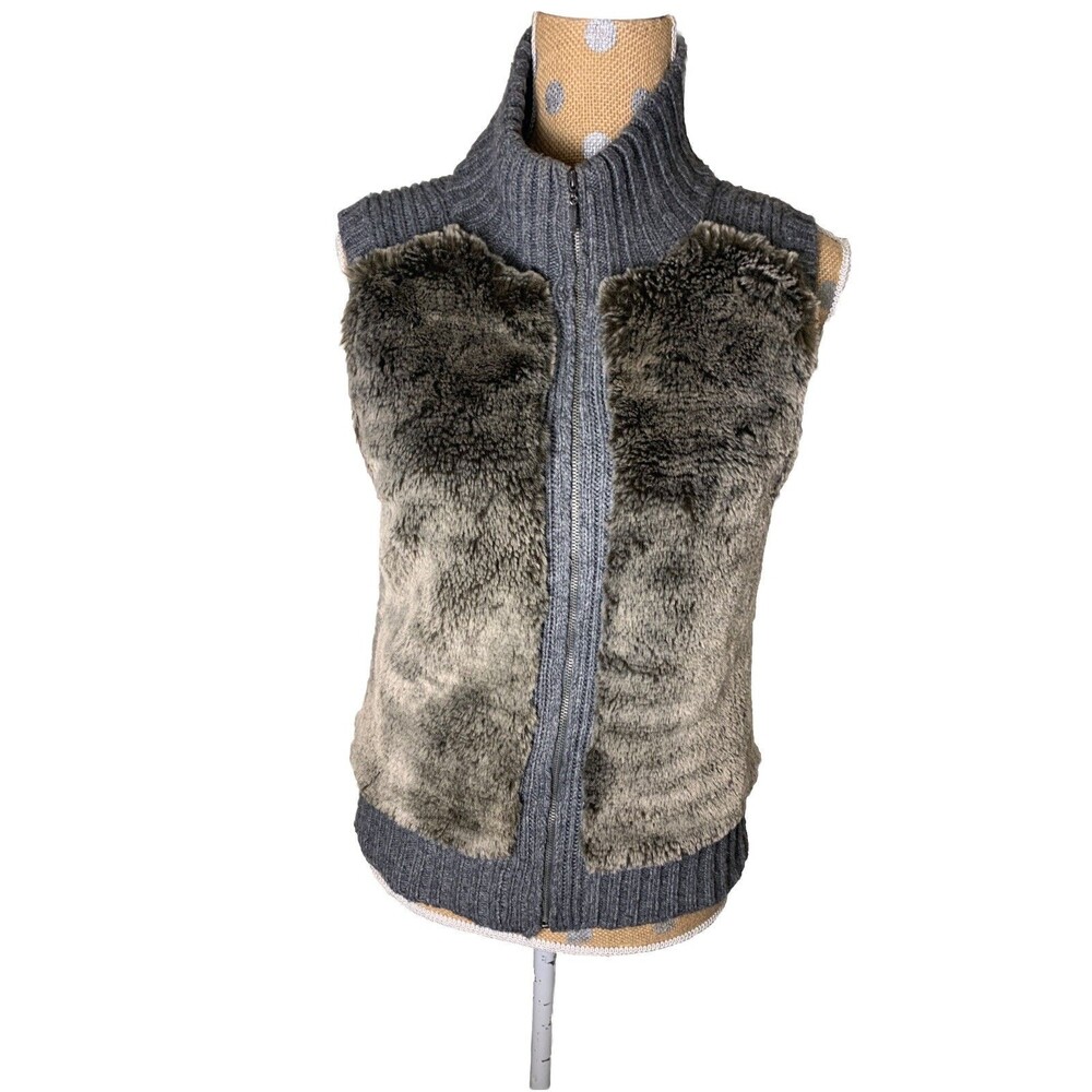 Guess Faux Fur Vest Women's Y2K Knit Open Front Sweater Vest Medium Wool Blend